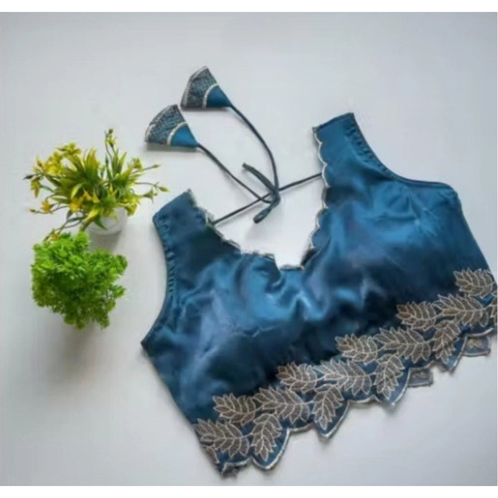 Women's Silk Embroidered Sweetheart Neck Sleeveless Readymade Padded Blouse (Blue, Size 38)