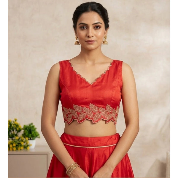 Women's Silk Embroidered Sweetheart Neck Sleeveless Readymade Padded Blouse (Red, Size 38)