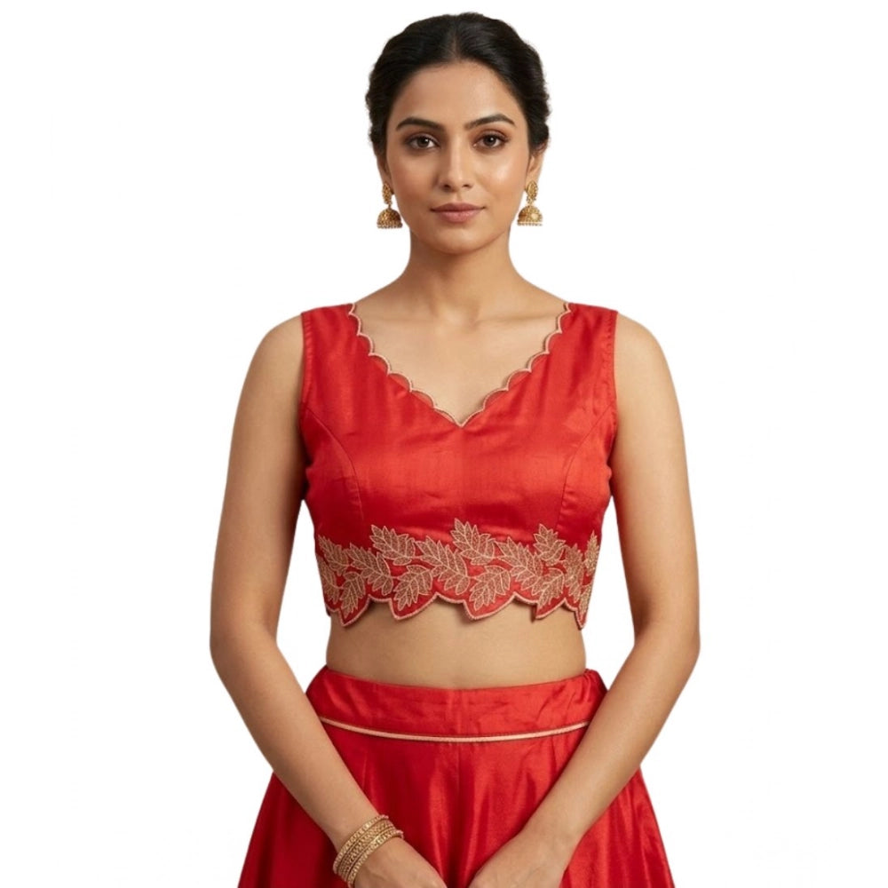 Women's Silk Embroidered Sweetheart Neck Sleeveless Readymade Padded Blouse (Red, Size 38)