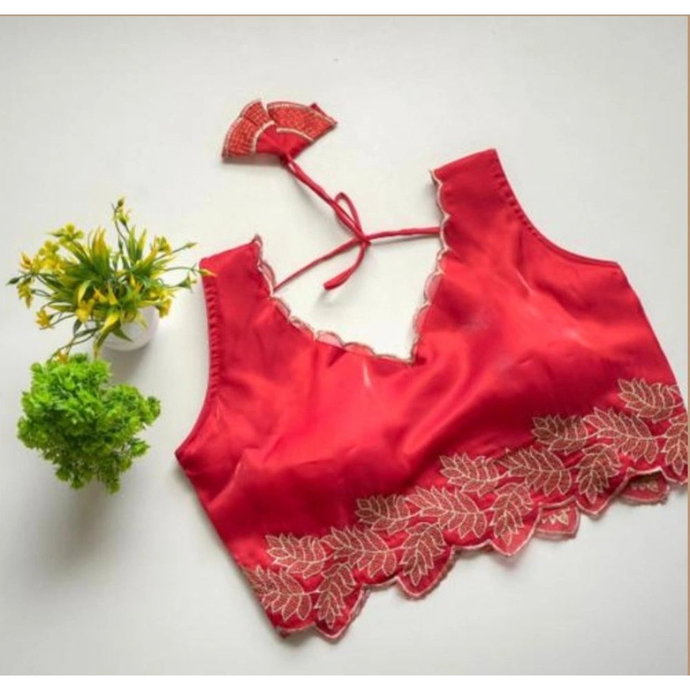 Women's Silk Embroidered Sweetheart Neck Sleeveless Readymade Padded Blouse (Red, Size 38)