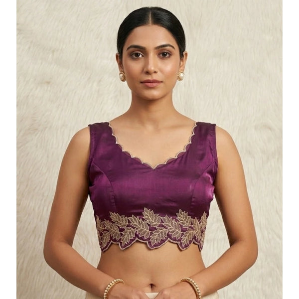 Women's Silk Embroidered Sweetheart Neck Sleeveless Readymade Padded Blouse (Wine, Size 38)