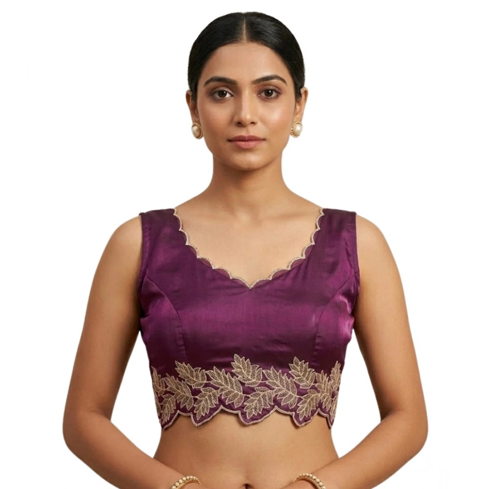 Women's Silk Embroidered Sweetheart Neck Sleeveless Readymade Padded Blouse (Wine, Size 38)
