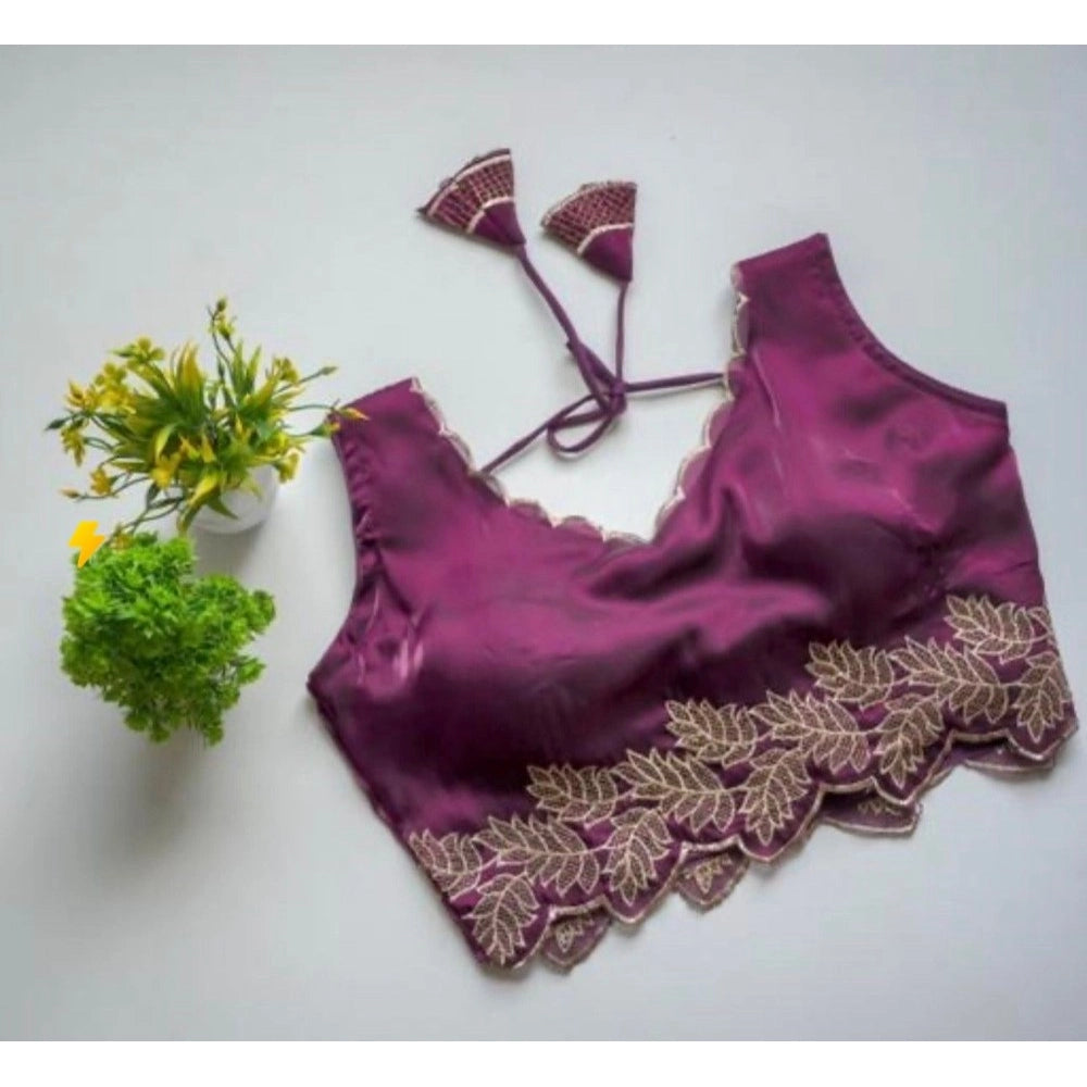 Women's Silk Embroidered Sweetheart Neck Sleeveless Readymade Padded Blouse (Wine, Size 38)
