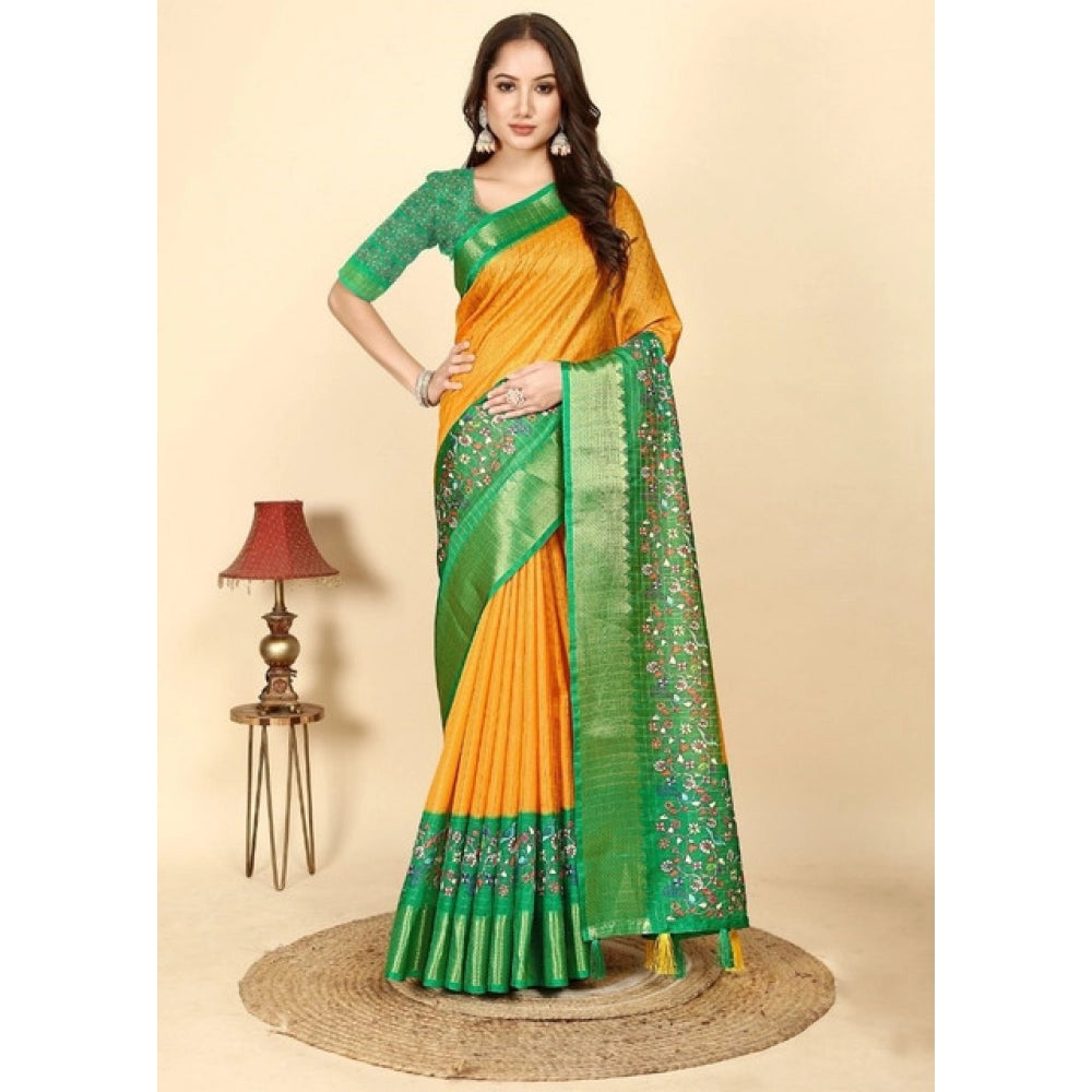 Women's Cotton Silk Printed Saree With Unstitched Blouse 5.5Mtr (Yellow Green)
