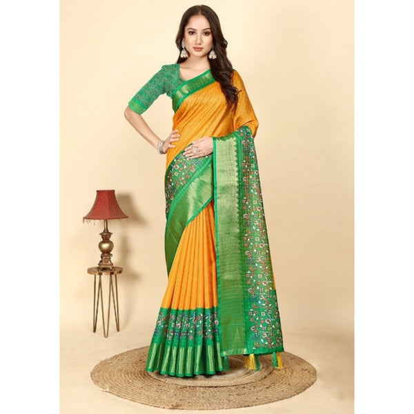 Women's Cotton Silk Printed Saree With Unstitched Blouse 5.5Mtr (Yellow Green)