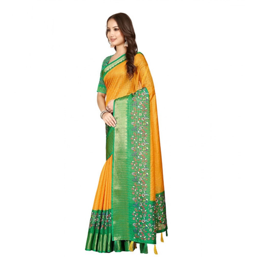 Women's Cotton Silk Printed Saree With Unstitched Blouse 5.5Mtr (Yellow Green)