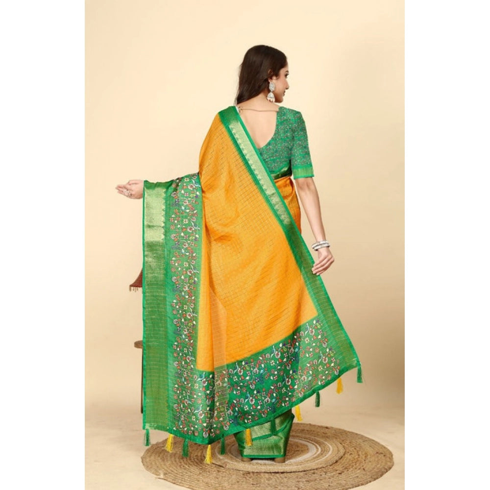 Women's Cotton Silk Printed Saree With Unstitched Blouse 5.5Mtr (Yellow Green)