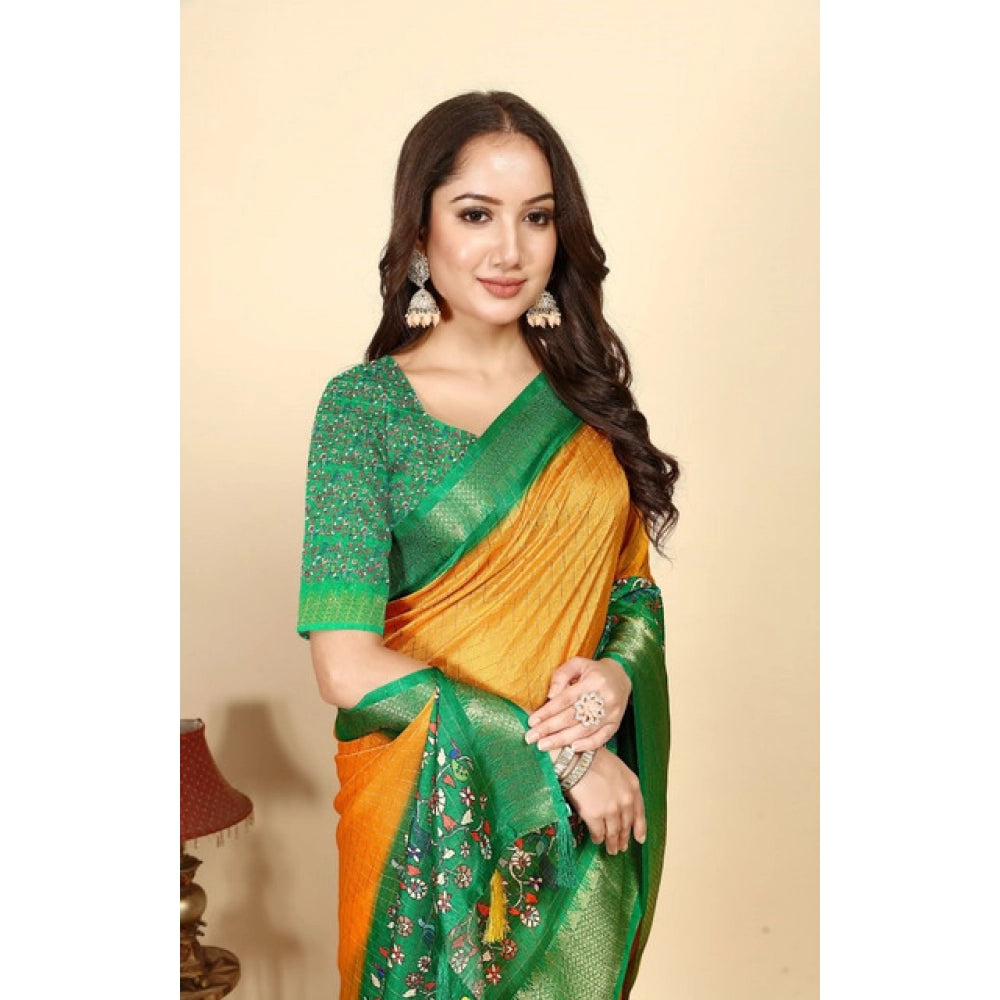 Women's Cotton Silk Printed Saree With Unstitched Blouse 5.5Mtr (Yellow Green)