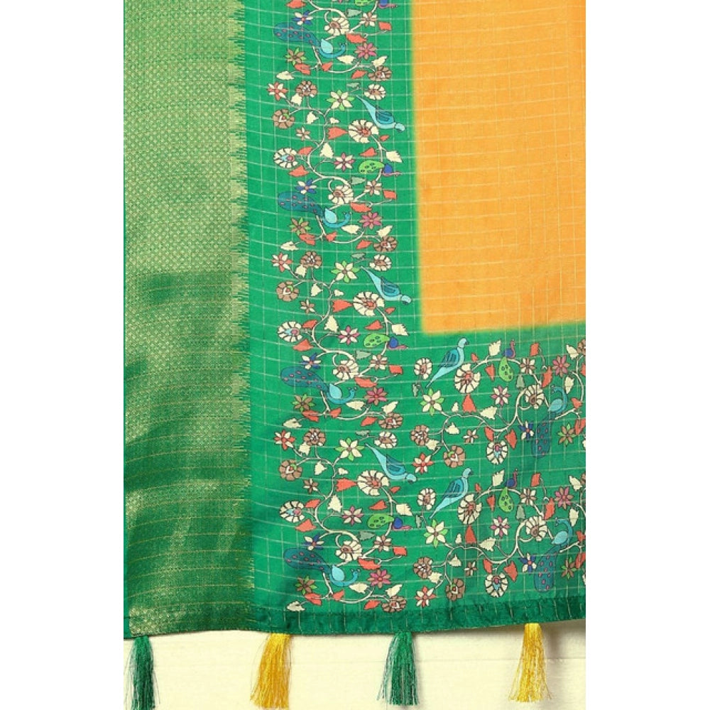 Women's Cotton Silk Printed Saree With Unstitched Blouse 5.5Mtr (Yellow Green)