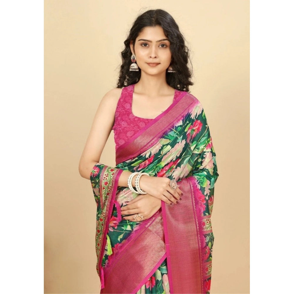 Women's Cotton Silk Floral Printed Saree With Unstitched Blouse 5.5Mtr (Green)