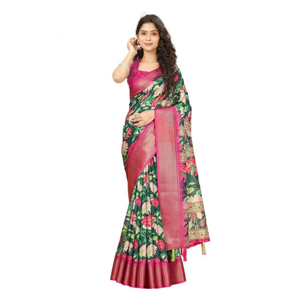 Women's Cotton Silk Floral Printed Saree With Unstitched Blouse 5.5Mtr (Green)