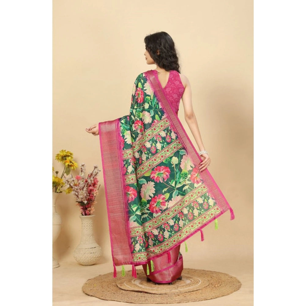 Women's Cotton Silk Floral Printed Saree With Unstitched Blouse 5.5Mtr (Green)