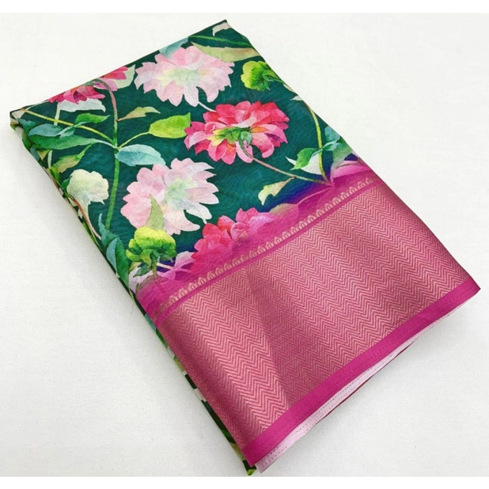 Women's Cotton Silk Floral Printed Saree With Unstitched Blouse 5.5Mtr (Green)
