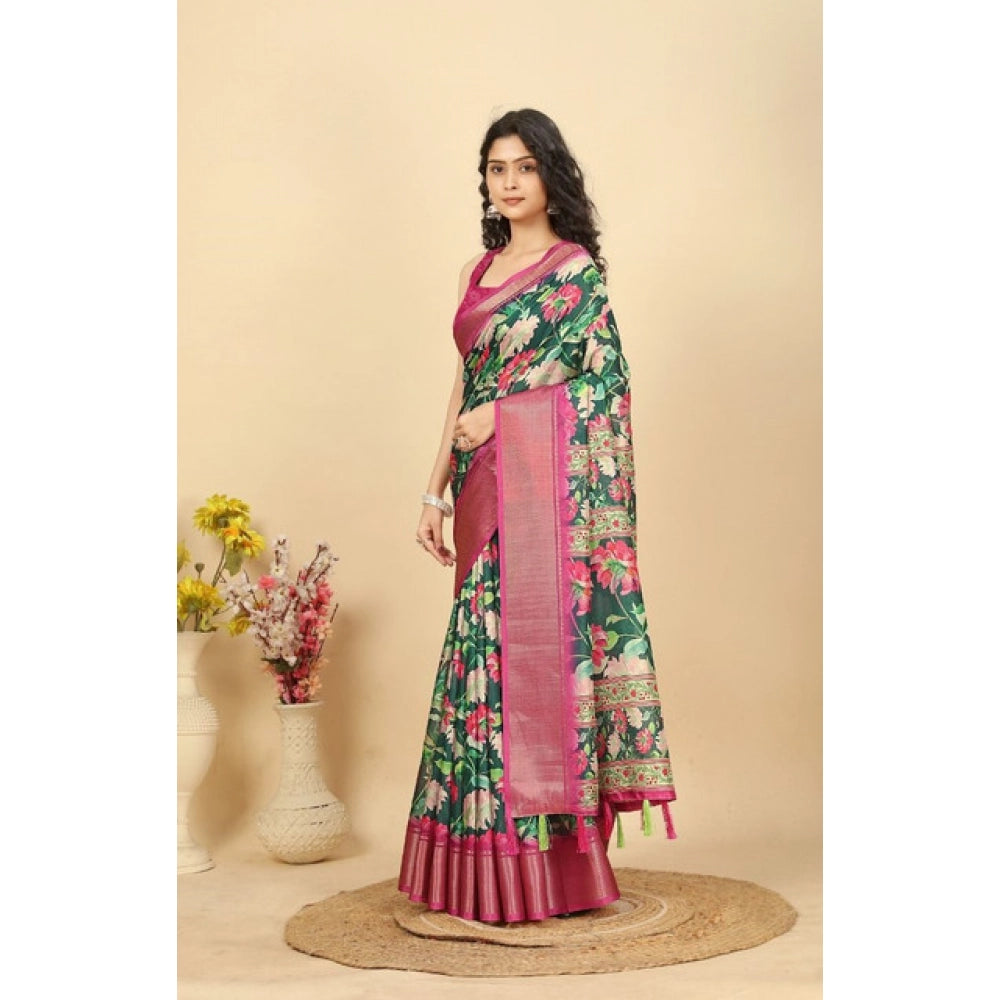 Women's Cotton Silk Floral Printed Saree With Unstitched Blouse 5.5Mtr (Green)