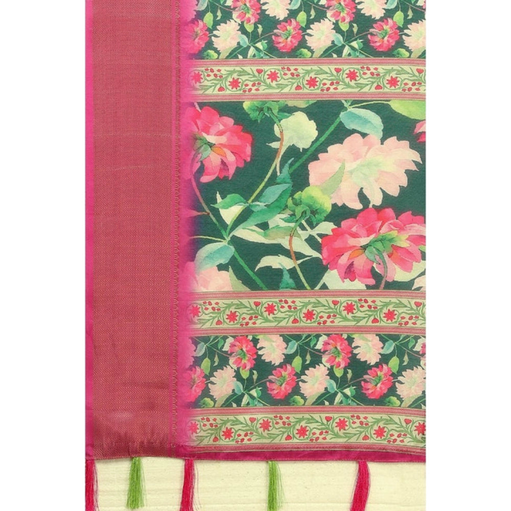 Women's Cotton Silk Floral Printed Saree With Unstitched Blouse 5.5Mtr (Green)