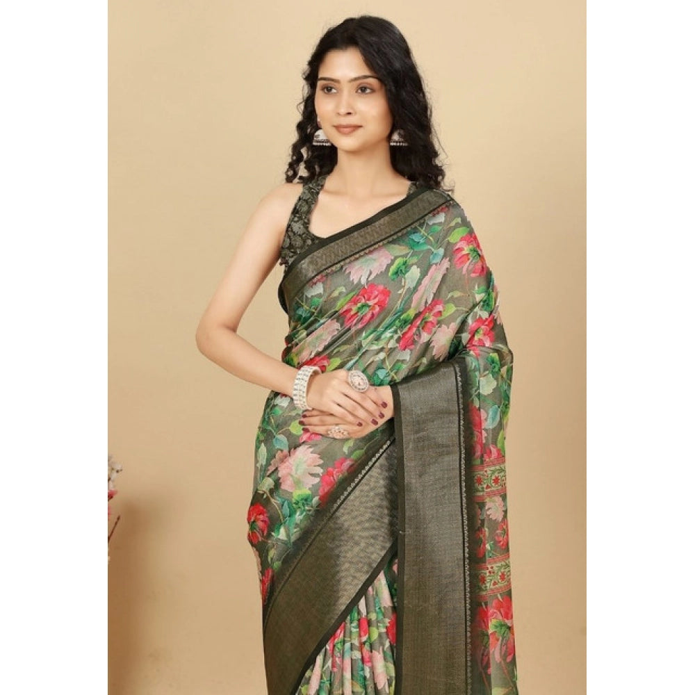 Women's Cotton Silk Floral Printed Saree With Unstitched Blouse 5.5Mtr (Grey)