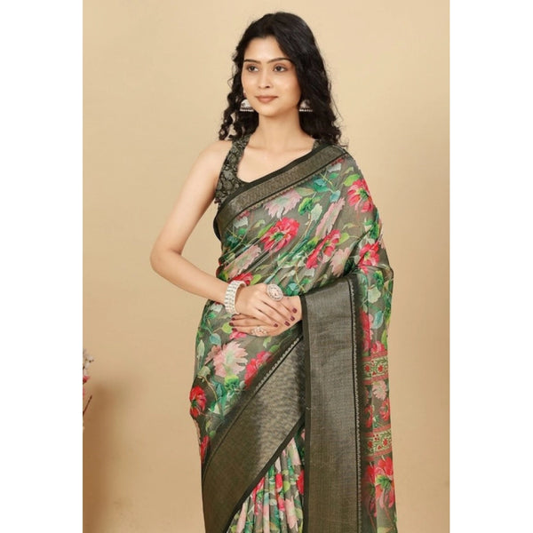 Women's Cotton Silk Floral Printed Saree With Unstitched Blouse 5.5Mtr (Grey)