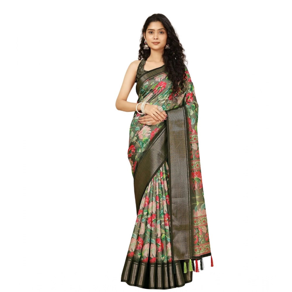 Women's Cotton Silk Floral Printed Saree With Unstitched Blouse 5.5Mtr (Grey)