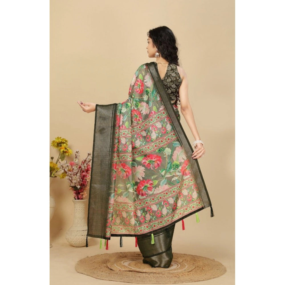 Women's Cotton Silk Floral Printed Saree With Unstitched Blouse 5.5Mtr (Grey)