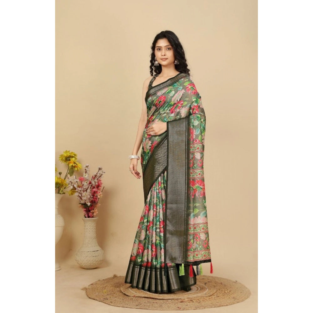 Women's Cotton Silk Floral Printed Saree With Unstitched Blouse 5.5Mtr (Grey)