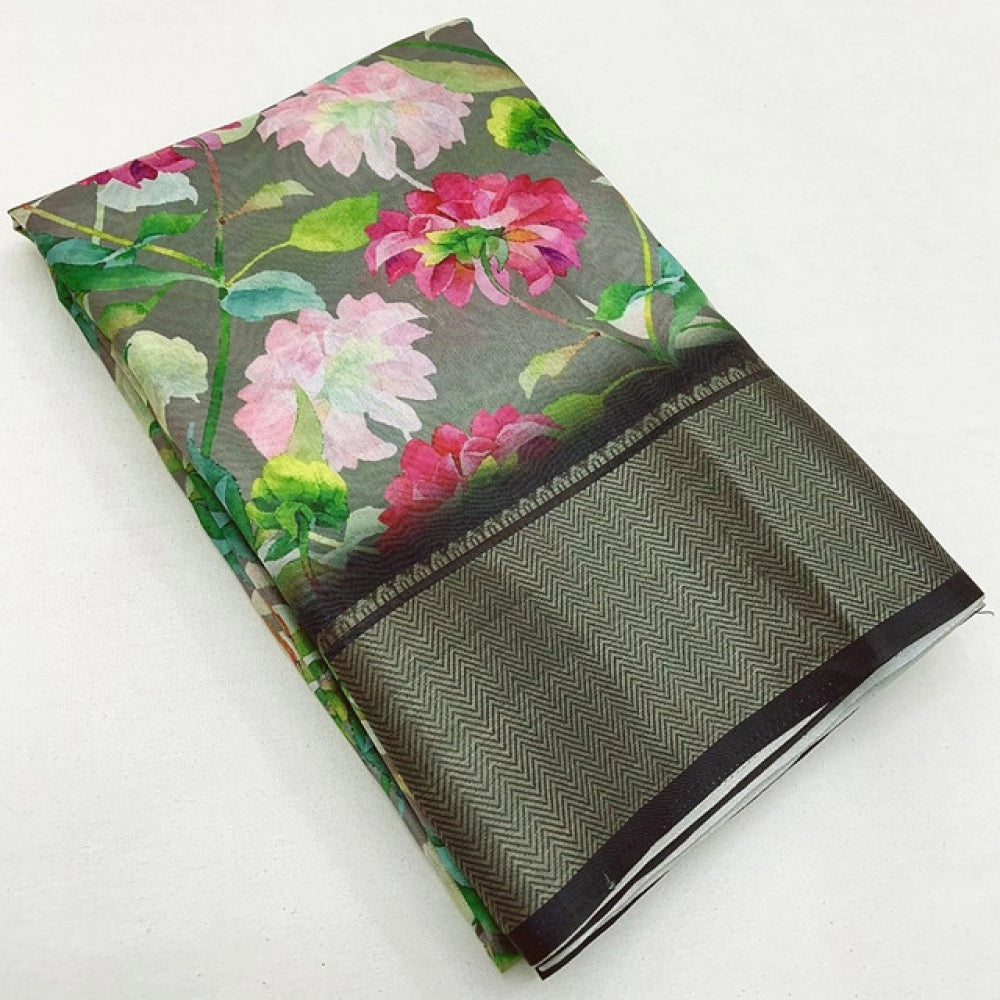 Women's Cotton Silk Floral Printed Saree With Unstitched Blouse 5.5Mtr (Grey)