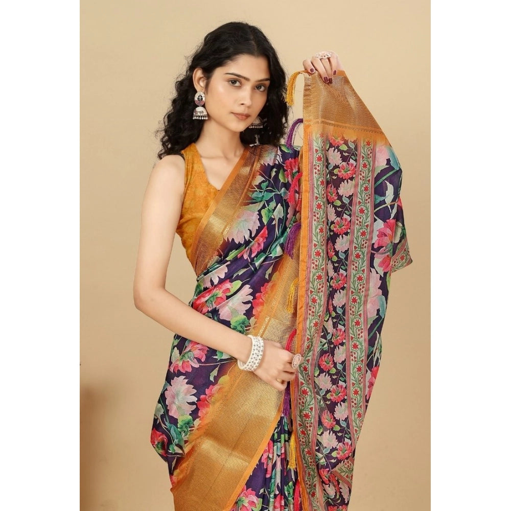 Women's Cotton Silk Floral Printed Saree With Unstitched Blouse 5.5Mtr (Purple)