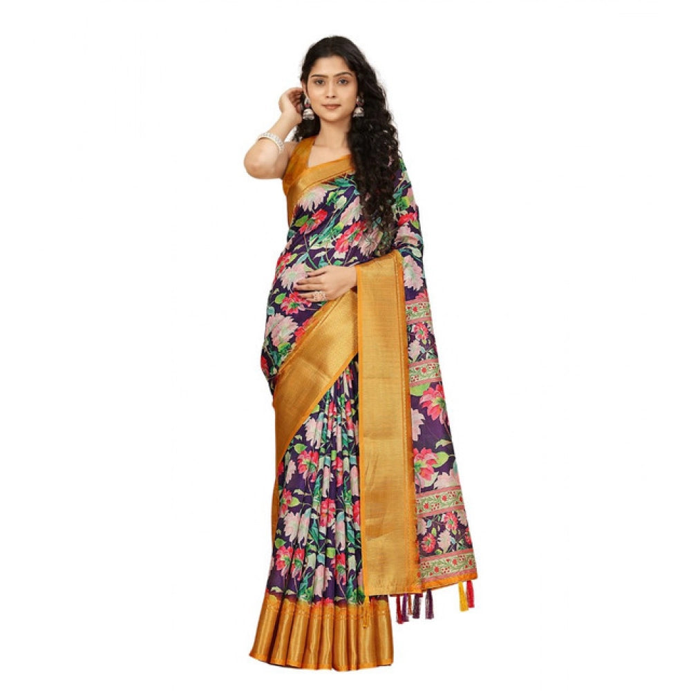 Women's Cotton Silk Floral Printed Saree With Unstitched Blouse 5.5Mtr (Purple)