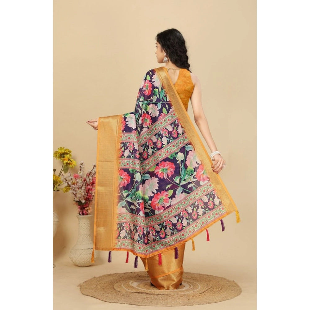 Women's Cotton Silk Floral Printed Saree With Unstitched Blouse 5.5Mtr (Purple)