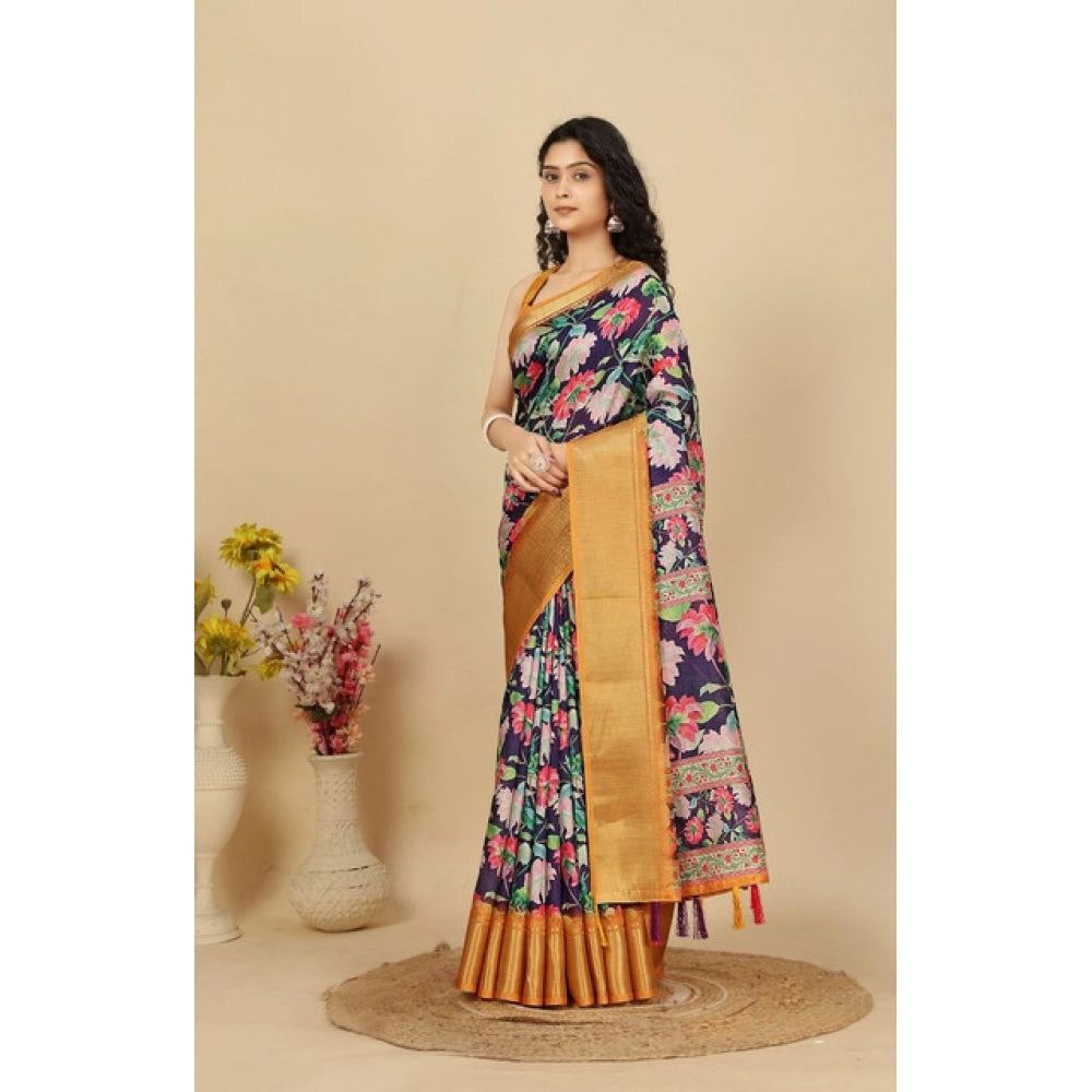 Women's Cotton Silk Floral Printed Saree With Unstitched Blouse 5.5Mtr (Purple)