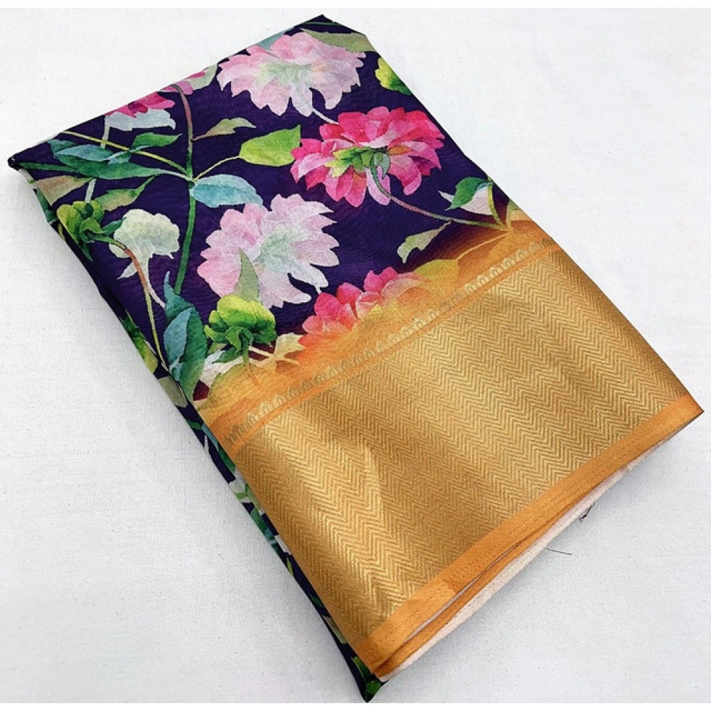 Women's Cotton Silk Floral Printed Saree With Unstitched Blouse 5.5Mtr (Purple)