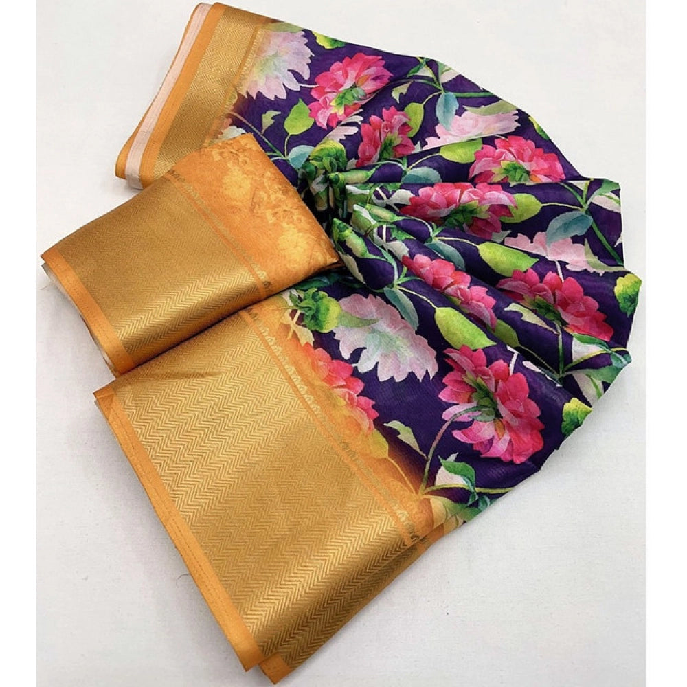 Women's Cotton Silk Floral Printed Saree With Unstitched Blouse 5.5Mtr (Purple)