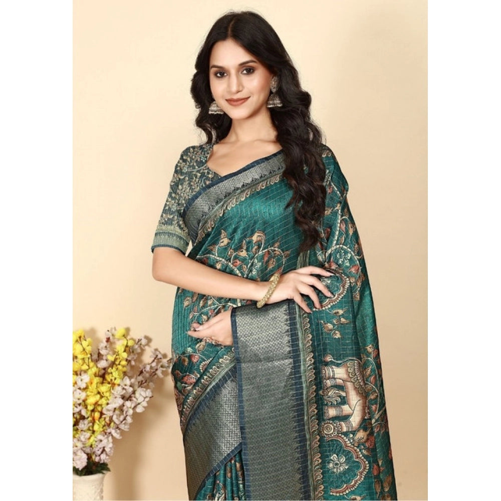 Women's Cotton Silk Printed Saree With Unstitched Blouse 5.5Mtr (Teal)