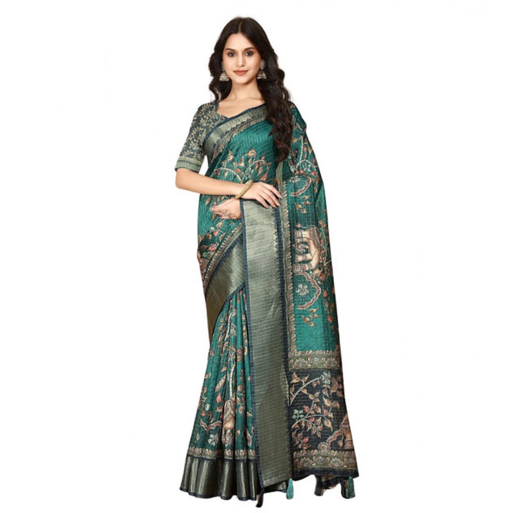 Women's Cotton Silk Printed Saree With Unstitched Blouse 5.5Mtr (Teal)