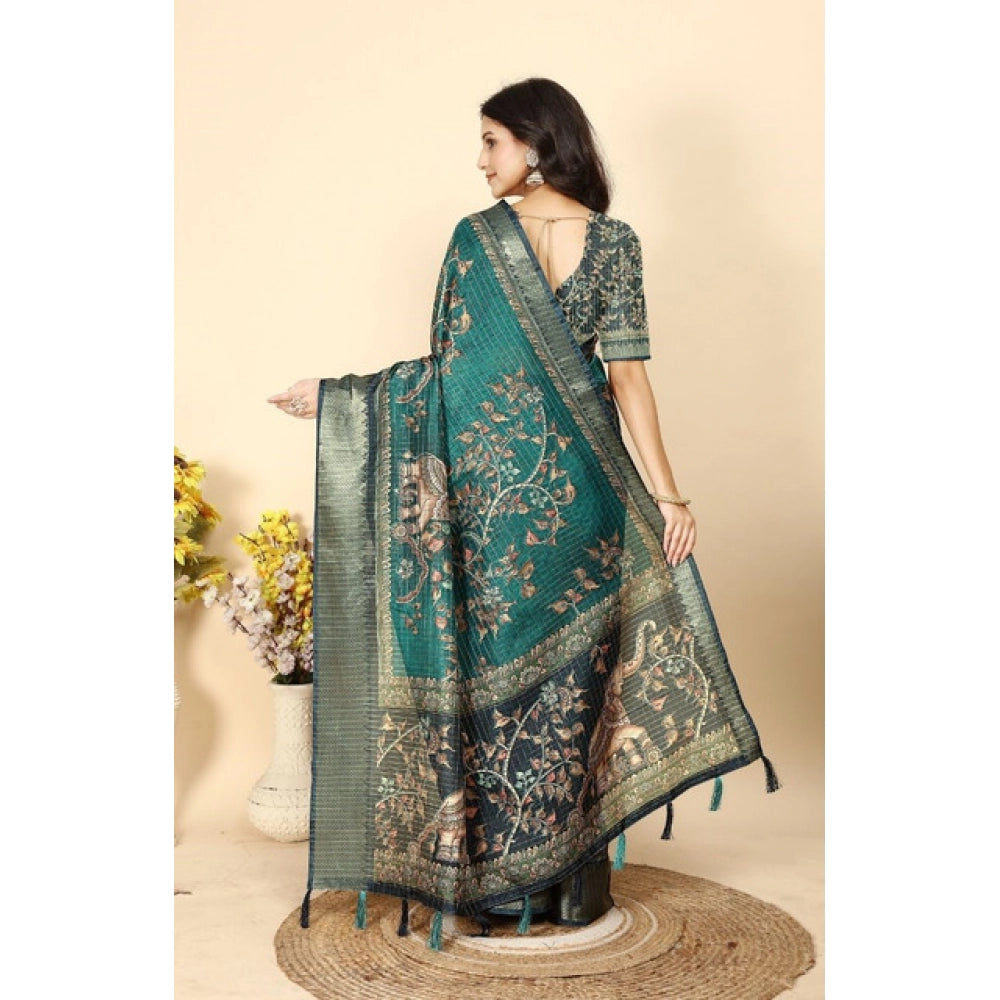 Women's Cotton Silk Printed Saree With Unstitched Blouse 5.5Mtr (Teal)