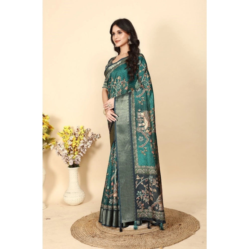 Women's Cotton Silk Printed Saree With Unstitched Blouse 5.5Mtr (Teal)