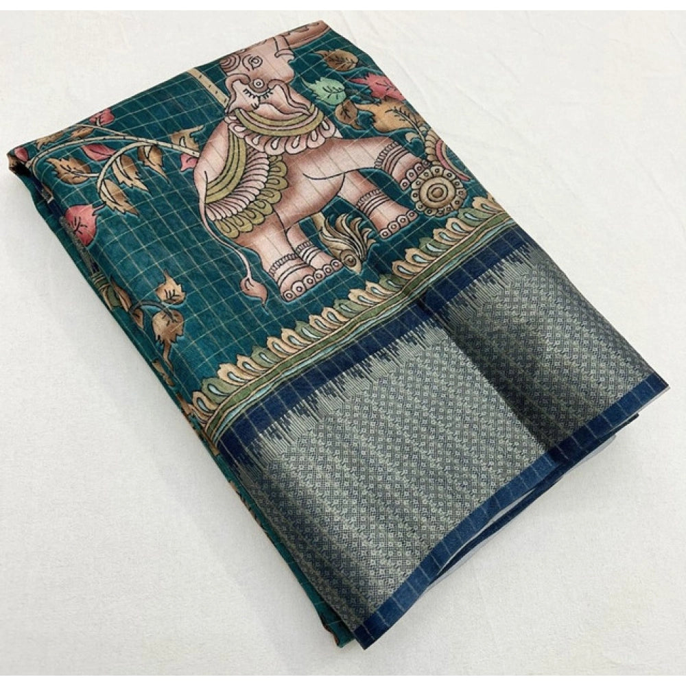 Women's Cotton Silk Printed Saree With Unstitched Blouse 5.5Mtr (Teal)