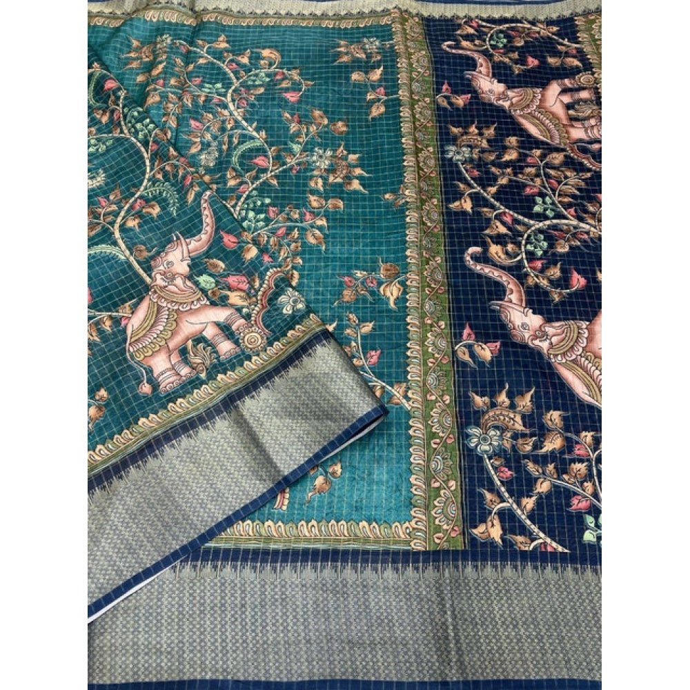 Women's Cotton Silk Printed Saree With Unstitched Blouse 5.5Mtr (Teal)