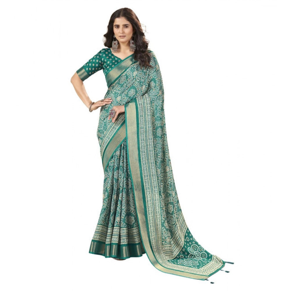 Women's Cotton Silk Floral Printed Saree With Unstitched Blouse 5.5Mtr (Teal)