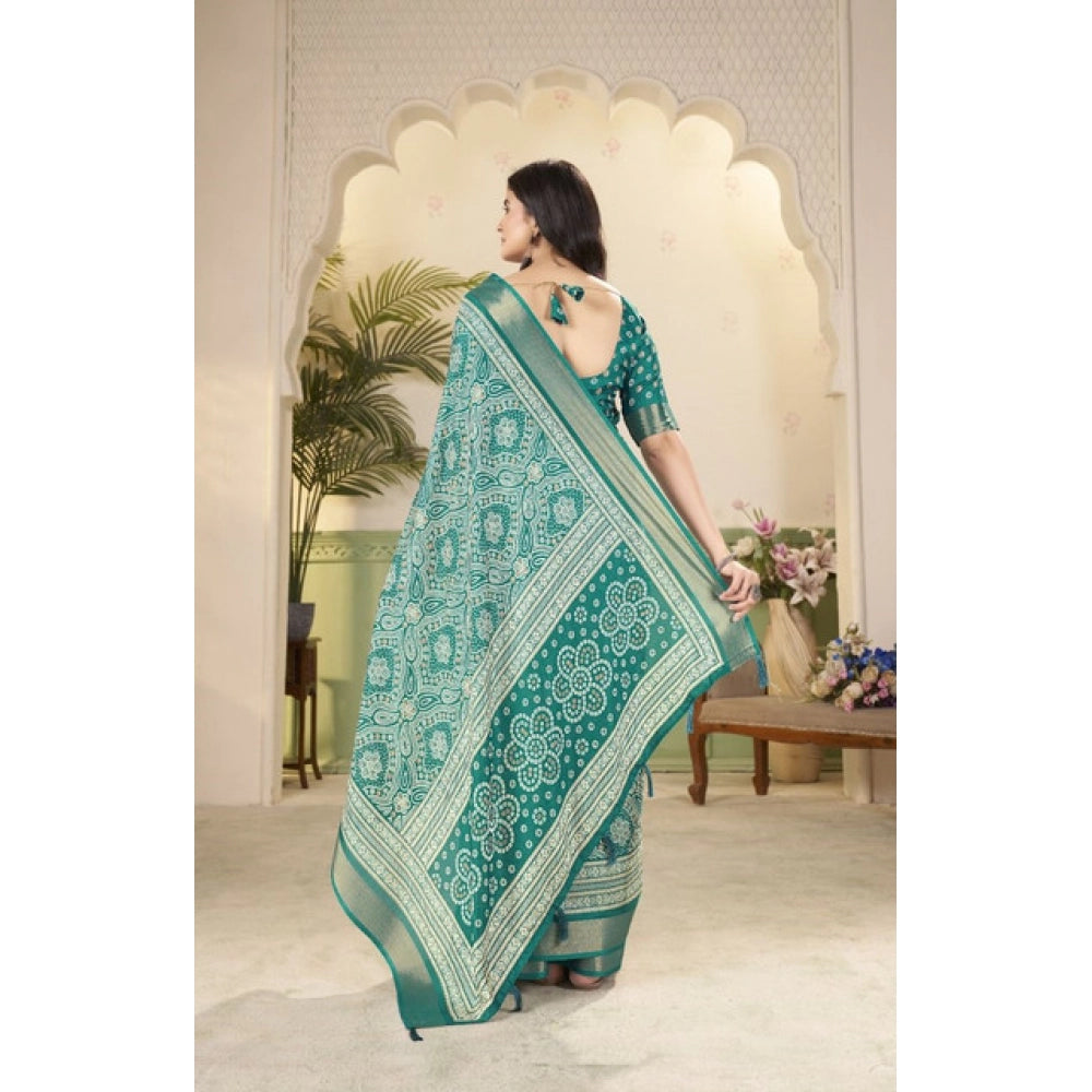 Women's Cotton Silk Floral Printed Saree With Unstitched Blouse 5.5Mtr (Teal)
