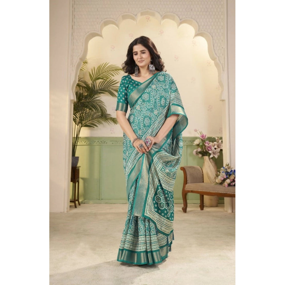 Women's Cotton Silk Floral Printed Saree With Unstitched Blouse 5.5Mtr (Teal)