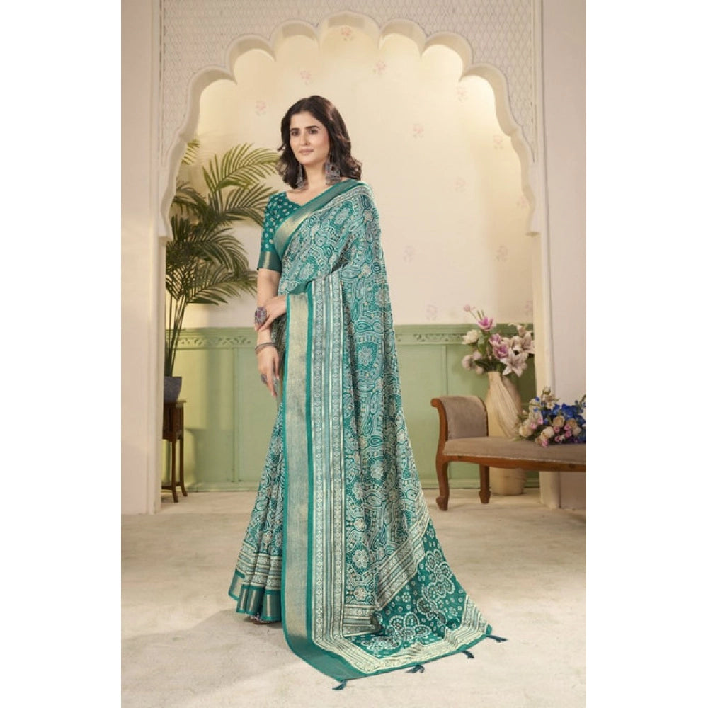 Women's Cotton Silk Floral Printed Saree With Unstitched Blouse 5.5Mtr (Teal)