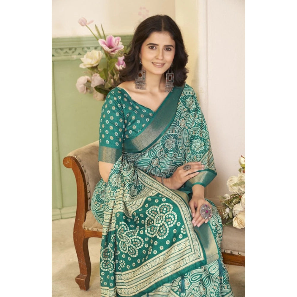 Women's Cotton Silk Floral Printed Saree With Unstitched Blouse 5.5Mtr (Teal)
