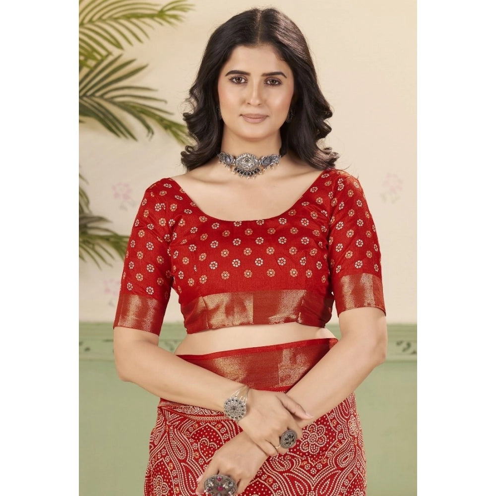 Women's Cotton Silk Floral Printed Saree With Unstitched Blouse 5.5Mtr (Red)