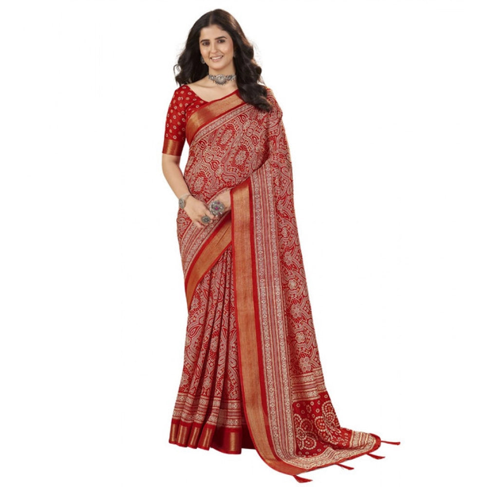 Women's Cotton Silk Floral Printed Saree With Unstitched Blouse 5.5Mtr (Red)