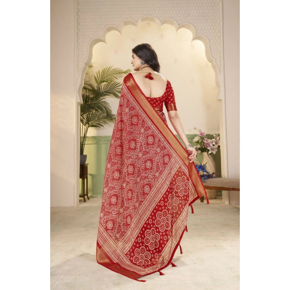 Women's Cotton Silk Floral Printed Saree With Unstitched Blouse 5.5Mtr (Red)