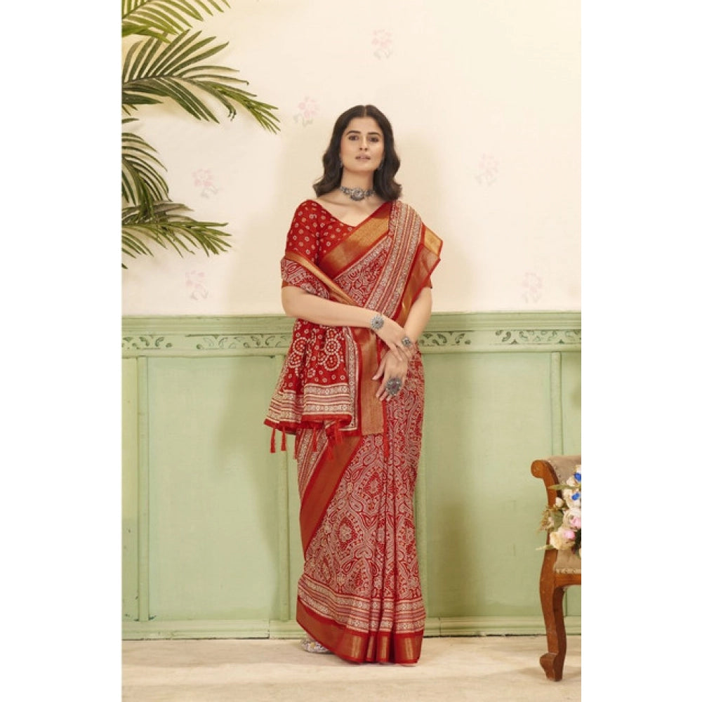 Women's Cotton Silk Floral Printed Saree With Unstitched Blouse 5.5Mtr (Red)