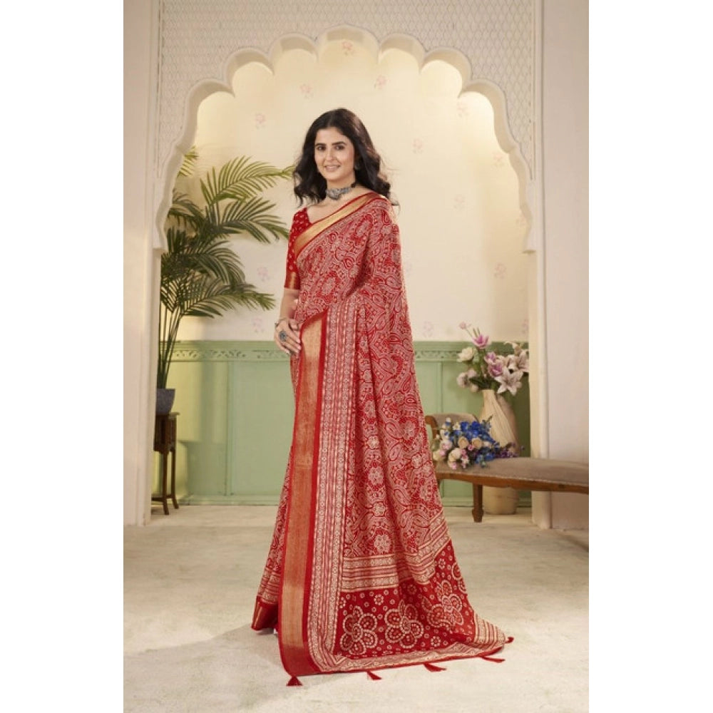 Women's Cotton Silk Floral Printed Saree With Unstitched Blouse 5.5Mtr (Red)