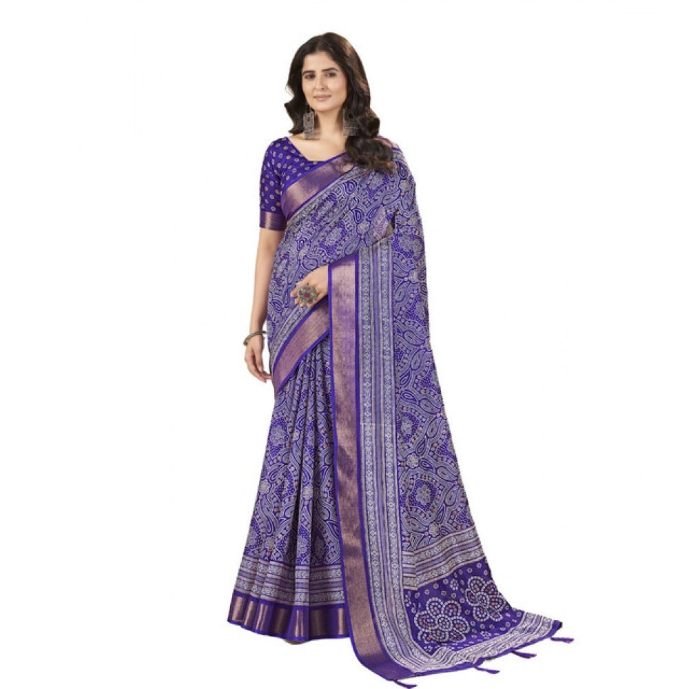 Women's Cotton Silk Floral Printed Saree With Unstitched Blouse 5.5Mtr (Royal Blue)