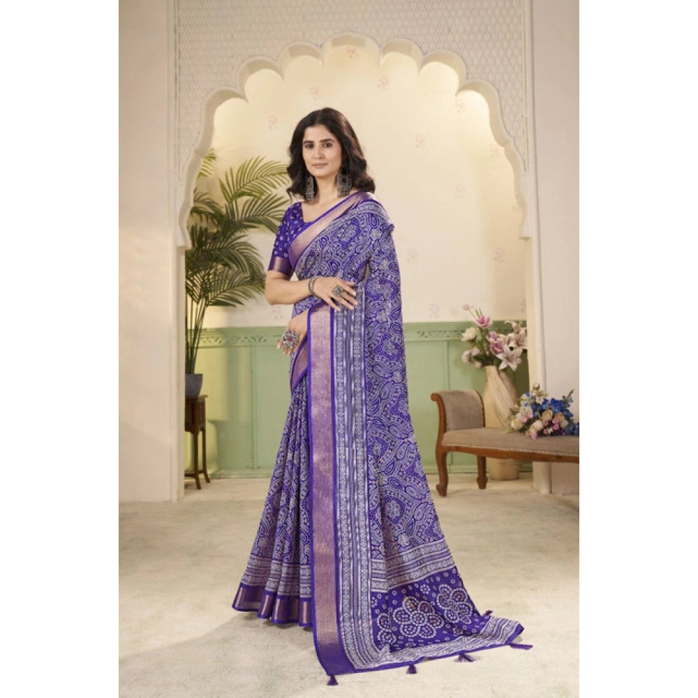 Women's Cotton Silk Floral Printed Saree With Unstitched Blouse 5.5Mtr (Royal Blue)