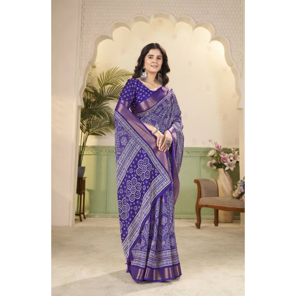 Women's Cotton Silk Floral Printed Saree With Unstitched Blouse 5.5Mtr (Royal Blue)